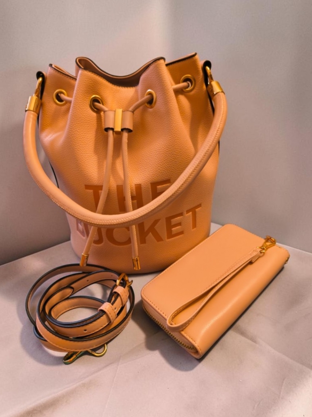 The Bucket Peach Leather Drawstring Shoulder Bag with Wallet